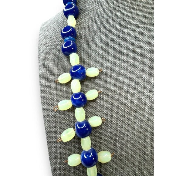 Vintage Green Uranium Glowing Glass Blue Ceramic Bead Necklace 21.5” Hook Clasp - Picture 3 of 10